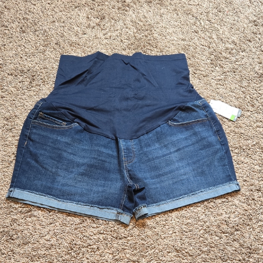 XL 16 - 18 Maternity Dark Wash 5 Pocket Roll Cuff Denim Shorts Time and Tru